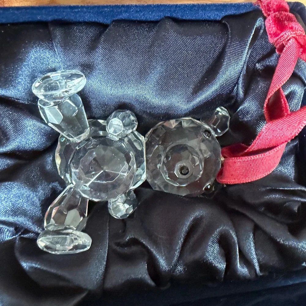 Faceted Lead Crystal Teddy Bear Ornament with Red Ribbon and Blue Velvet Box